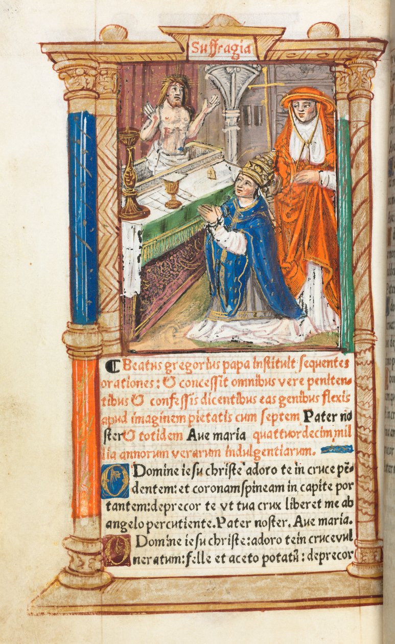 Nyomtatott órakönyv Róma használata: fol. 96v, Szent Gergely mise, 1510. alkotó: Guillaume Le Rouge