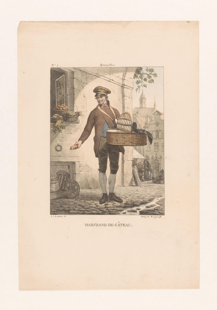 Süteményárus Brüsszelben Brüsszel (cím a tárgyon) Marchand de Gâteau (cím a tárgyon) Különböző jelmezek a Holland Királyságban (sorozat címe) Costumes du peuple de toutes les provinces du royaume des Pays-Bas (se alkotó: Guillaume Philidor Van den Burggraaff