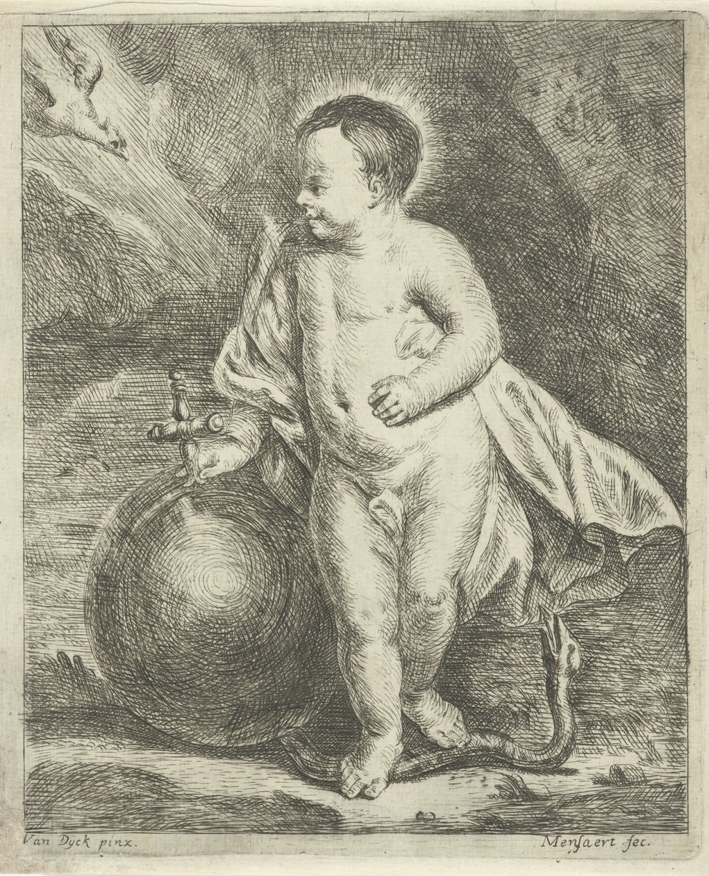 Krisztus gyermeke földgömbbel és kígyóval alkotó: Guillaume Pierre Mensaert