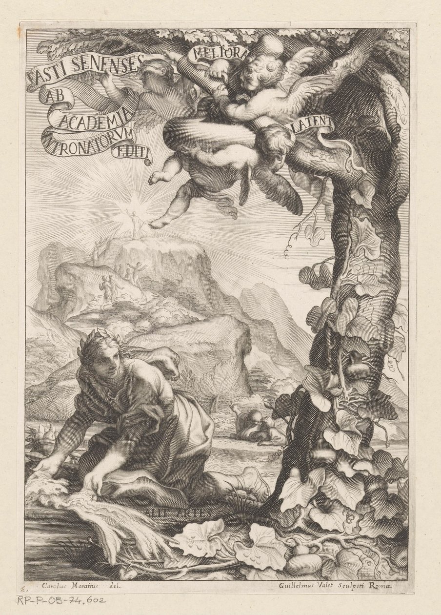 Egy elismert nő allegorikus ábrázolása, aki egy kalábafát öntöz; a háttérben alakok hegyre emelkednek Címlap: Giovanni Baptista Ferrari, Fasti Senenses, Ab Academia Intronatorum Editi, 1661 alkotó: Guillaume Vallet