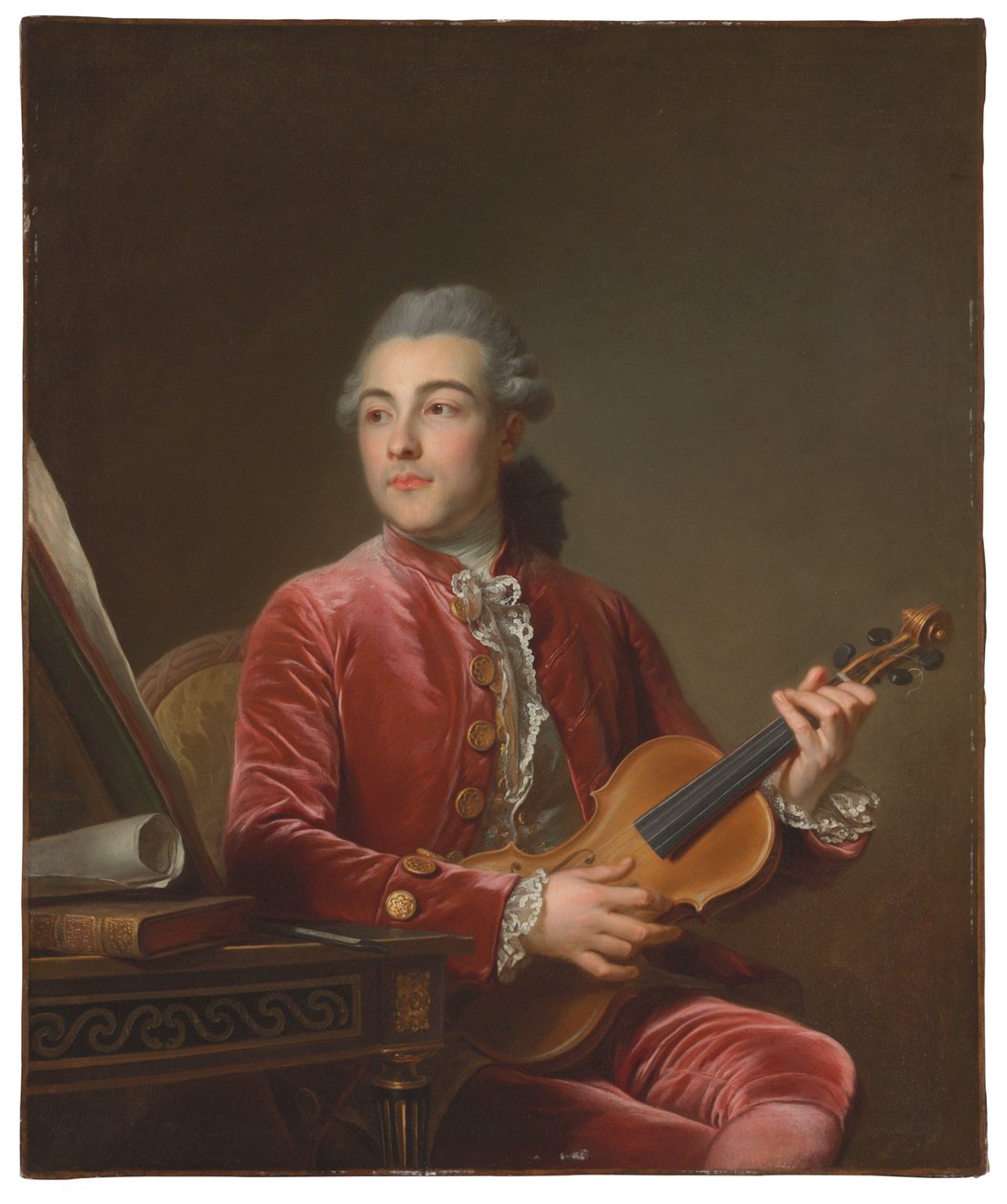 Egy úriember portréja, félalakos, vörös bársonykabátban, hegedűvel (olaj, vászon) alkotó: Guillaume Voiriot