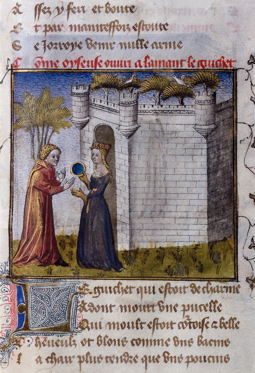 Galáns jelenet két szerelmes között: a lány behívja szerelmét. Miniatűr Guillaume de Lorris „Le Romanesque de la Rose” című filmjéből alkotó: Guillaume de Lorris