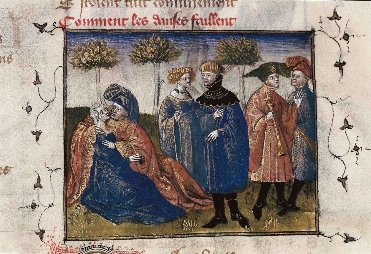 Az udvaroncok gáláns jelenete, miniatűr Guillaume Lorris "Roman de la Rose" című művében alkotó: Guillaume de Lorris