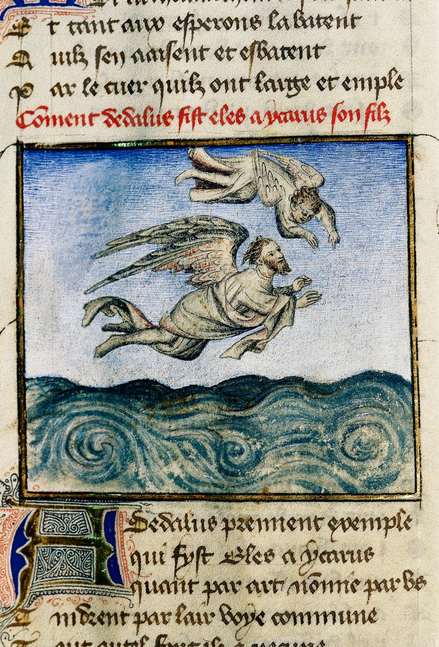 "" Dedale és Icarus "" (Ikarosz és Daedalus) Hogy Minosba meneküljön, Dedale meglöki fiát, Ikarust, hogy viaszszárnyainak köszönhetően repüljön el. Guillaume Lorris miniatűrje „A rózsa római” című kéziratából alkotó: Guillaume de Lorris