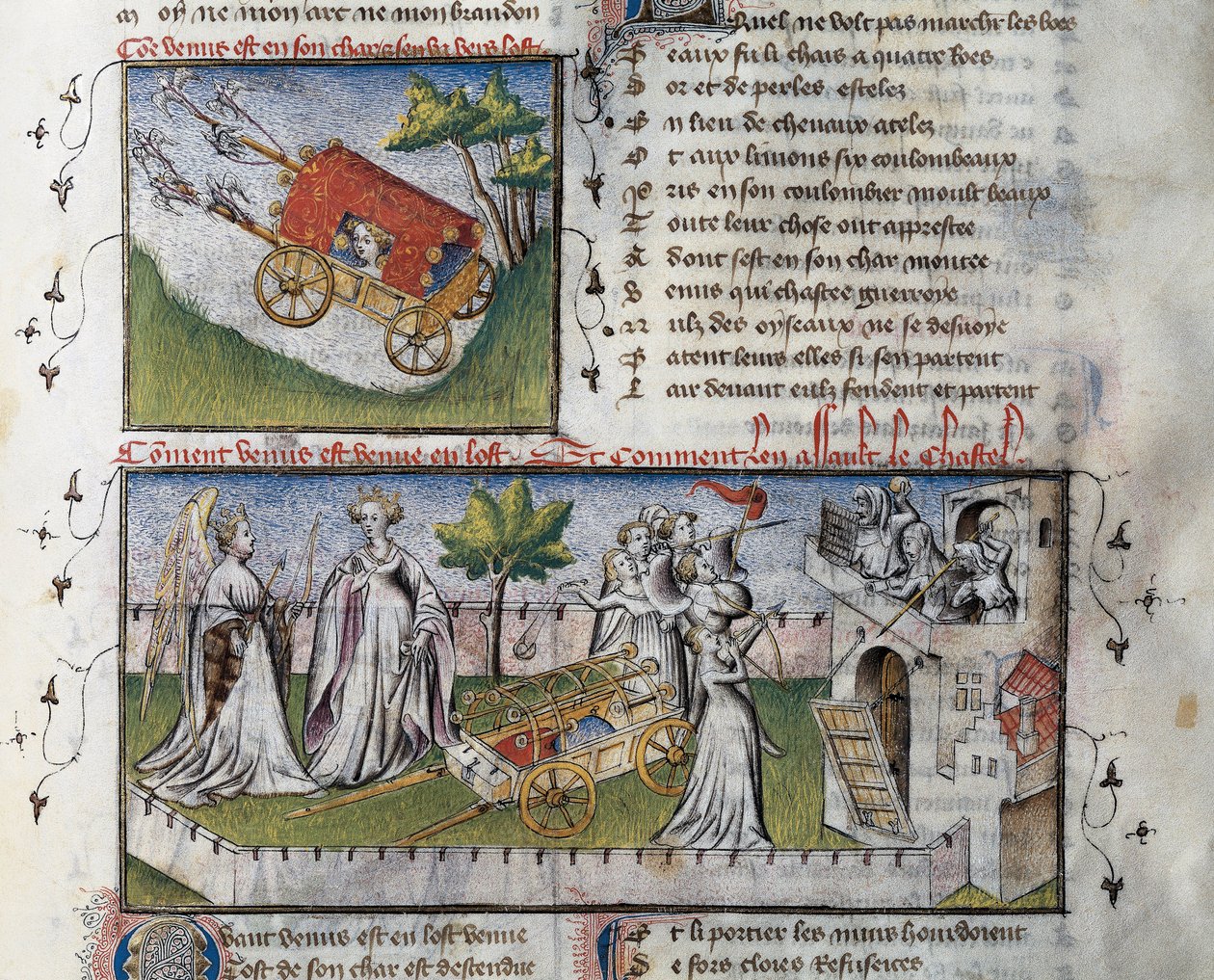 Hogyan érkezik Vénusz és megrohamozza a féltékenység által épített kastélyt, Guillaume Lorris miniatúrája a Le Romanesque de la Rose kéziratból, alkotó: Guillaume de Lorris