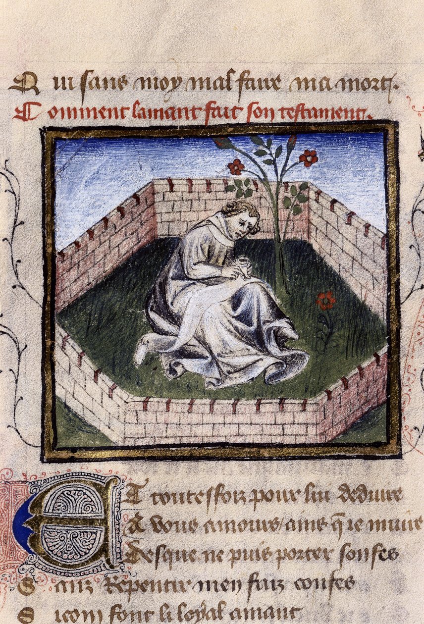 Egy szerelmes fiatal fiú ábrázolása a gyönyörök kertjében, amikor felfedezi a Narcissus szökőkútját, miniatűr Guillaume Lorris "Roman de la Rose" című művében alkotó: Guillaume de Lorris