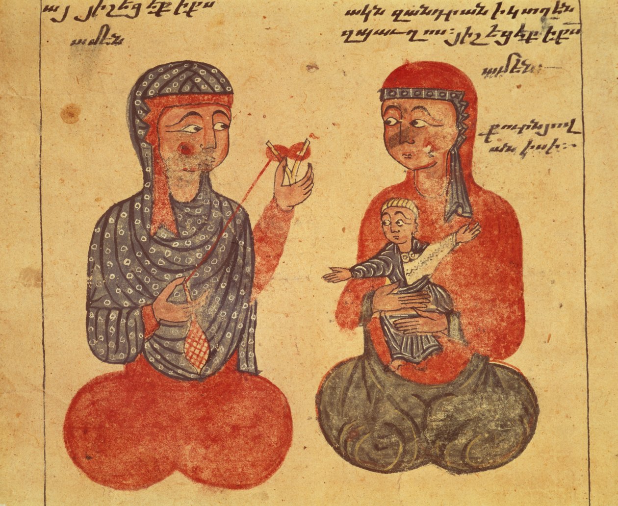 Ms 481 fol.10r Ovanes nővére és követője gyapjúfonó, egy evangéliumból alkotó: Guirages