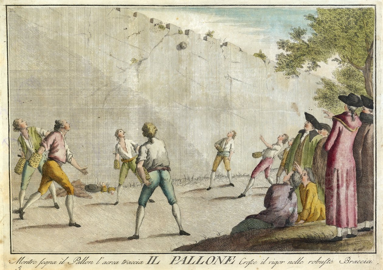 Il Pallone a játékokról, vacsorákról és éves bulikról, amelyeket Toszkánában és különösen Firenzében rendeznek, kocsmában. 1790 (kézzel színezett metszet) alkotó: Guiseppe Piattoli