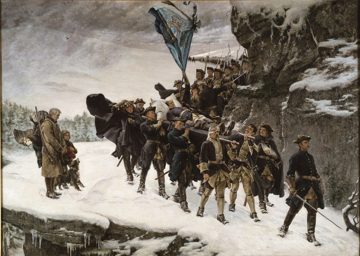 Le transport du corps du roi Charles (Carl) XII de Suede (1682-1718) - XII. Károly svéd király holttestének hazahozása - Cederstroem, Gustaf (1845-1933) - 1884 - Olaj, vászon - 265x371 - Stockholm Nemzeti Múzeum alkotó: Gustaf Olaf Cederstrom
