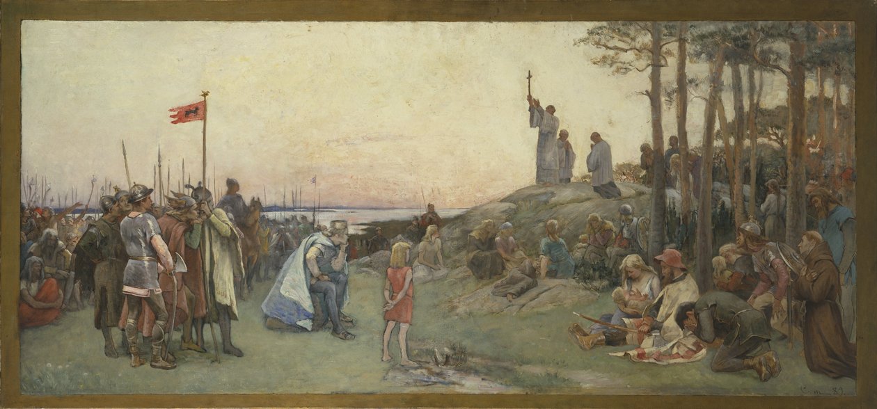 Saint Anschaire (Anschaire de Breme, Oscar ou Ansgar, 801-865) prechant le christianisme – Ansgar Prédikáló kereszténység, Cederstroem, Gustaf (1845-1933). Olajfestmény alkotó: Gustaf Olaf Cederstrom