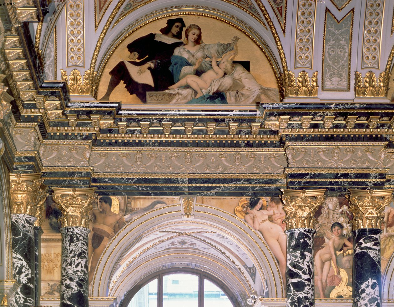 A bécsi Kunsthistorisches Museum belseje, boltíves ív díszítéssel, Dávid és Vénusz alakja, a 14. és 15. századi Firenzét ábrázolva, Bécs, 189091 (falfestmény) alkotó: Gustav Klimt