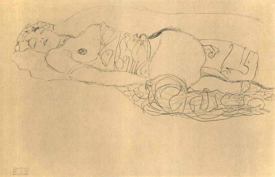 Félig fekve balra, felhúzott lábakkal alkotó: Gustav Klimt