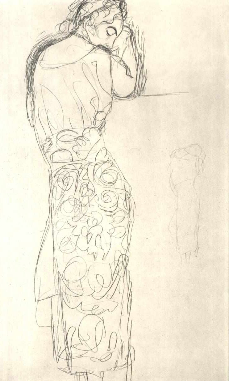 Hátulnézet egy álló nő mintás szoknyájában alkotó: Gustav Klimt