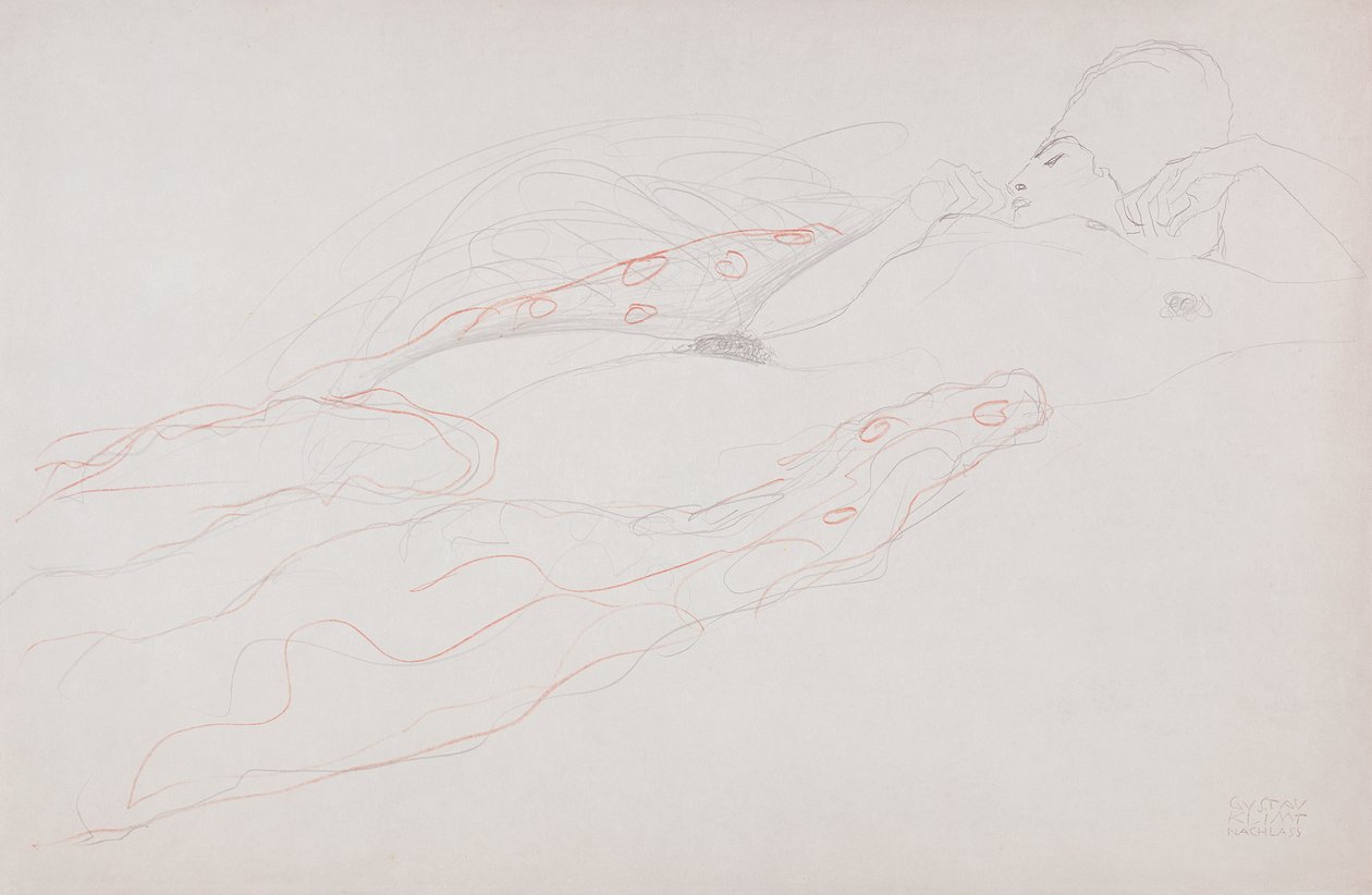 Fekvő akt (ceruza és színes kréta papíron) alkotó: Gustav Klimt