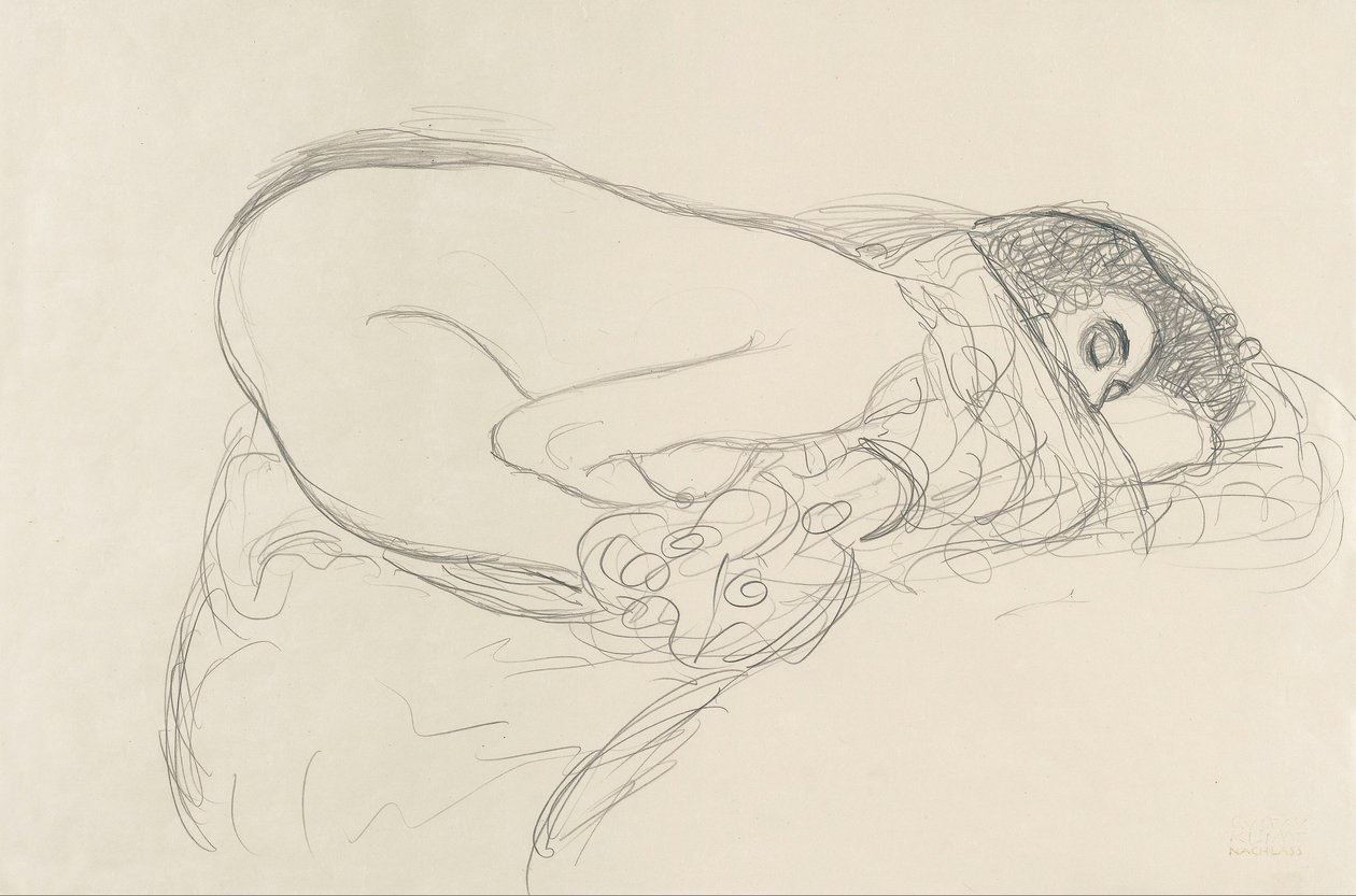 Félmeztelen előrehajlás (előkészítő munka a Leda festményhez) alkotó: Gustav Klimt