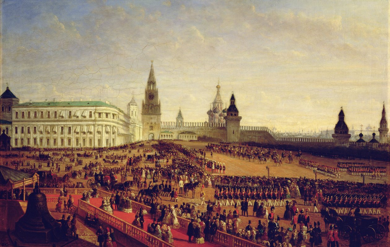 Katonai felvonulás II. Sándor koronázása idején a moszkvai Kremlben, 1855. február 18-án, 1856. alkotó: Gustav Schwarz