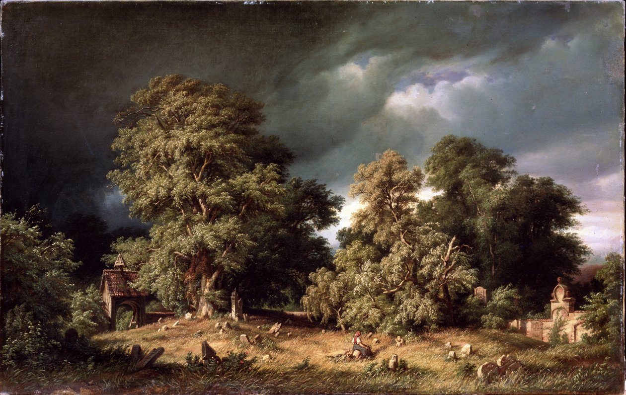 A régi temető. Egy nő egyedül ül egy félreeső vidéki temetőben, miközben az eget megtelik sötét felhők. Gustav Paul Closs (1840-1870) festménye, olaj, vászon, 1865 körül. Német művészet, 19. századi tájkép. Úr. alkotó: Gustav Adolf Closs