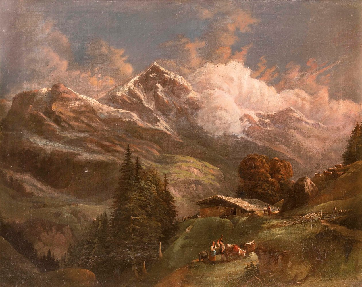 Élénk, magas alpesi legelő kilátással az alpesi csúcsokra - Großglockner? alkotó: Gustav Barbarini