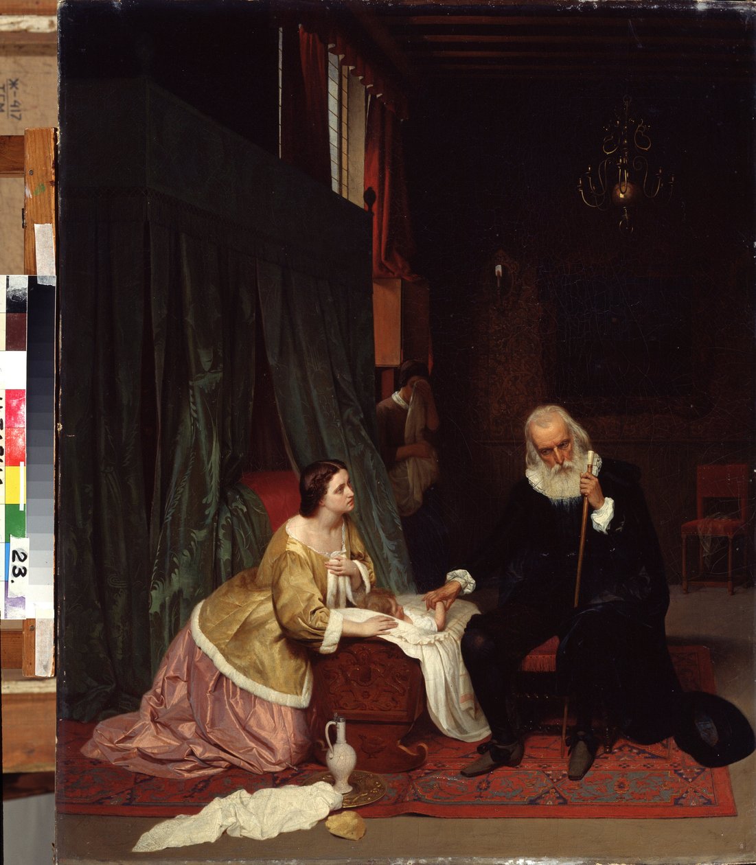 ""Orvoslátogatás"" Az orvos megméri egy beteg gyermek pulzusát az anyja éber szeme alatt. Gustav Budkovszkij (1813-1884) festménye 1859 Állami Művészeti Múzeum, Nyizsnyij Tagil, Oroszország alkotó: Gustav Budkowski