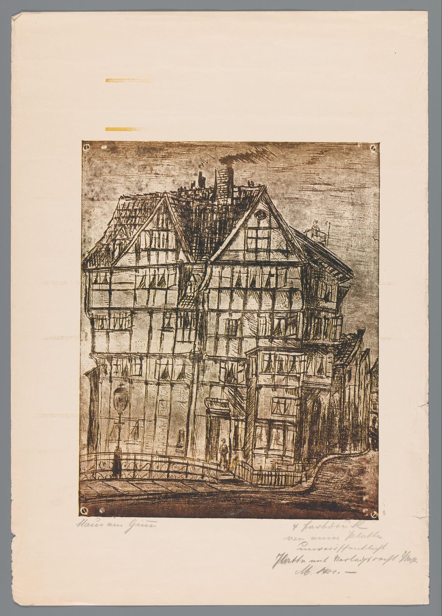 Nyomtatás vagy rajz reprodukciója egy régi házra, esetleg a németországi Greizben alkotó: Gustav Digel (signed by artist)