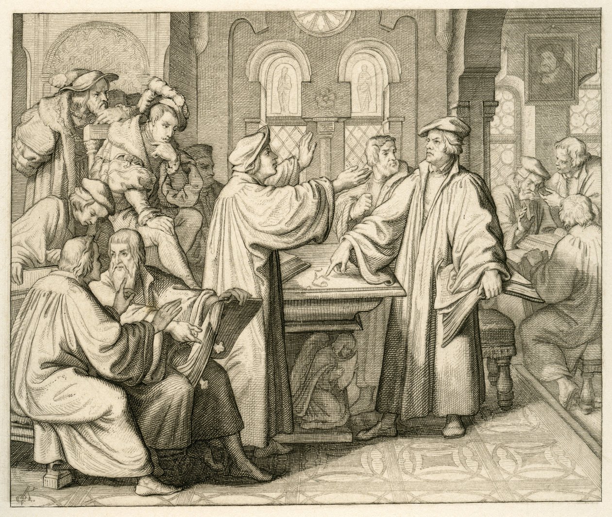 Luther és Ulrich Zwingli (1494-1531) a szentségről vitatkoznak, és nincs egyetértésük, Marburgban 1529 alkotó: Gustav Ferdinand Leopold Konig