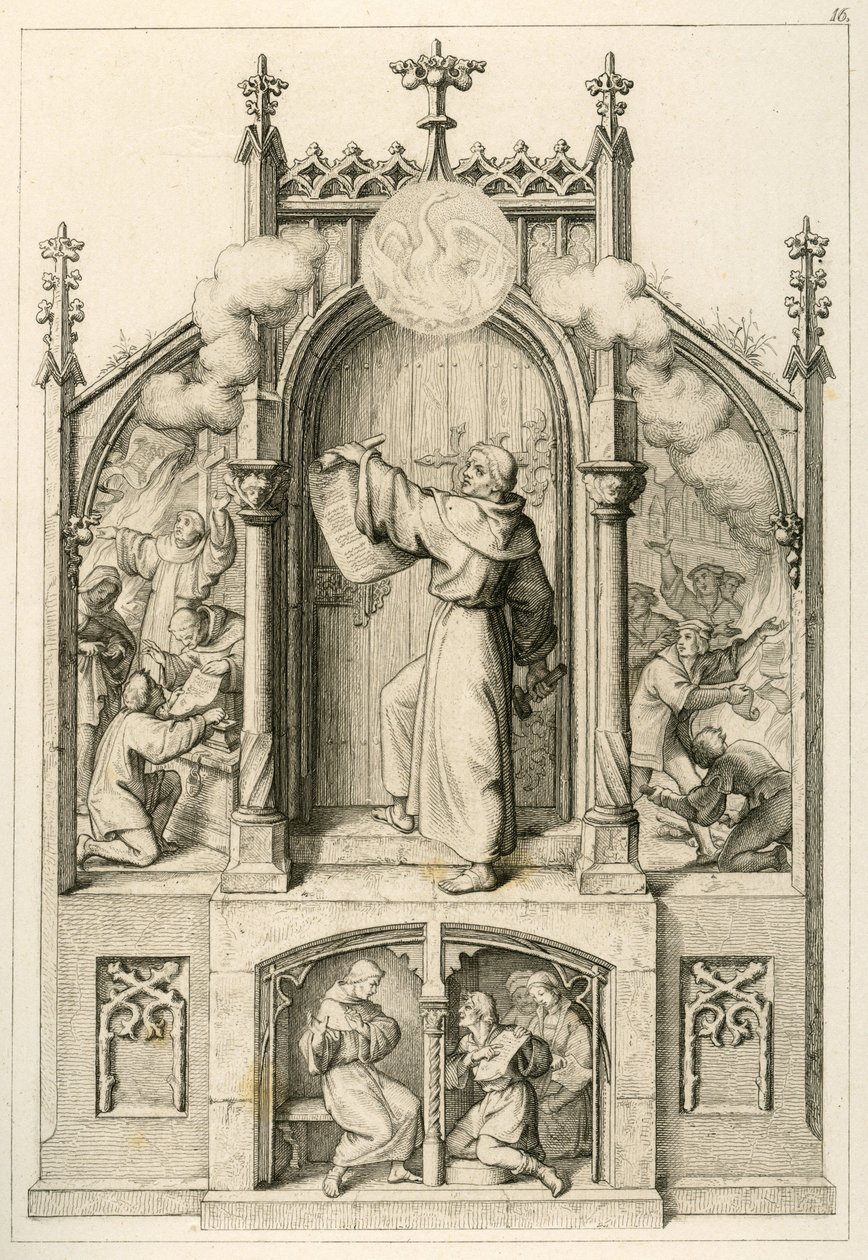 Luther nem akar búcsút adni, bal oldalon : Johann Tetzel (1465-1519) Luther iratait égeti, a főkép : Luther akassza ki 95 tézisét a wittenbergi templom ajtajára, jobbra: leégett a wittenbergi egyetem alkotó: Gustav Ferdinand Leopold Konig