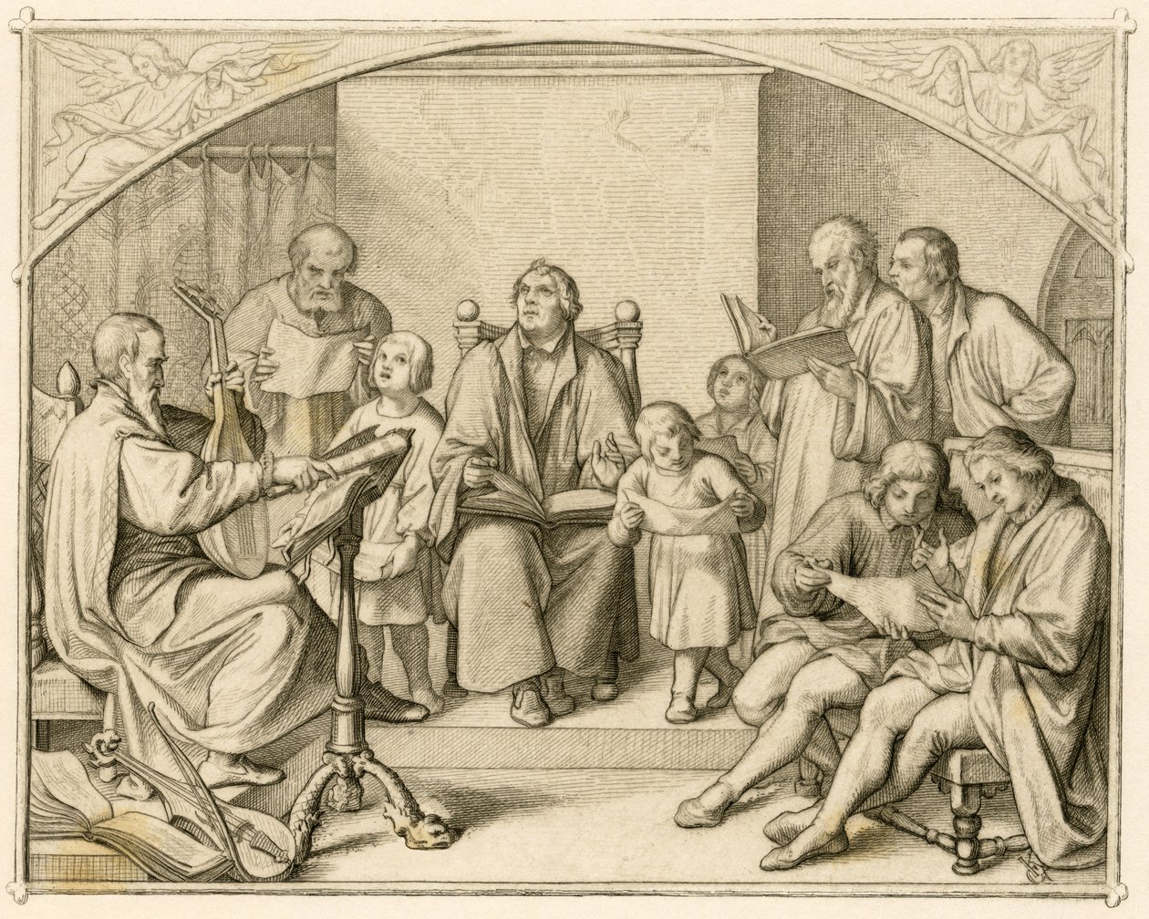 Luther német protestáns vallási énekek bemutatása gyermekeivel és barátaival Johannes Walther (1496-1570) vezetésével alkotó: Gustav Ferdinand Leopold Konig