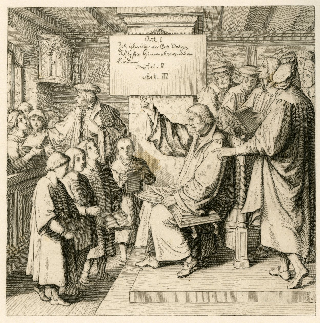 Martin Luther at school with lots of children, because the religion lessons are very important for him, on the right some teachers alkotó: Gustav Ferdinand Leopold Konig