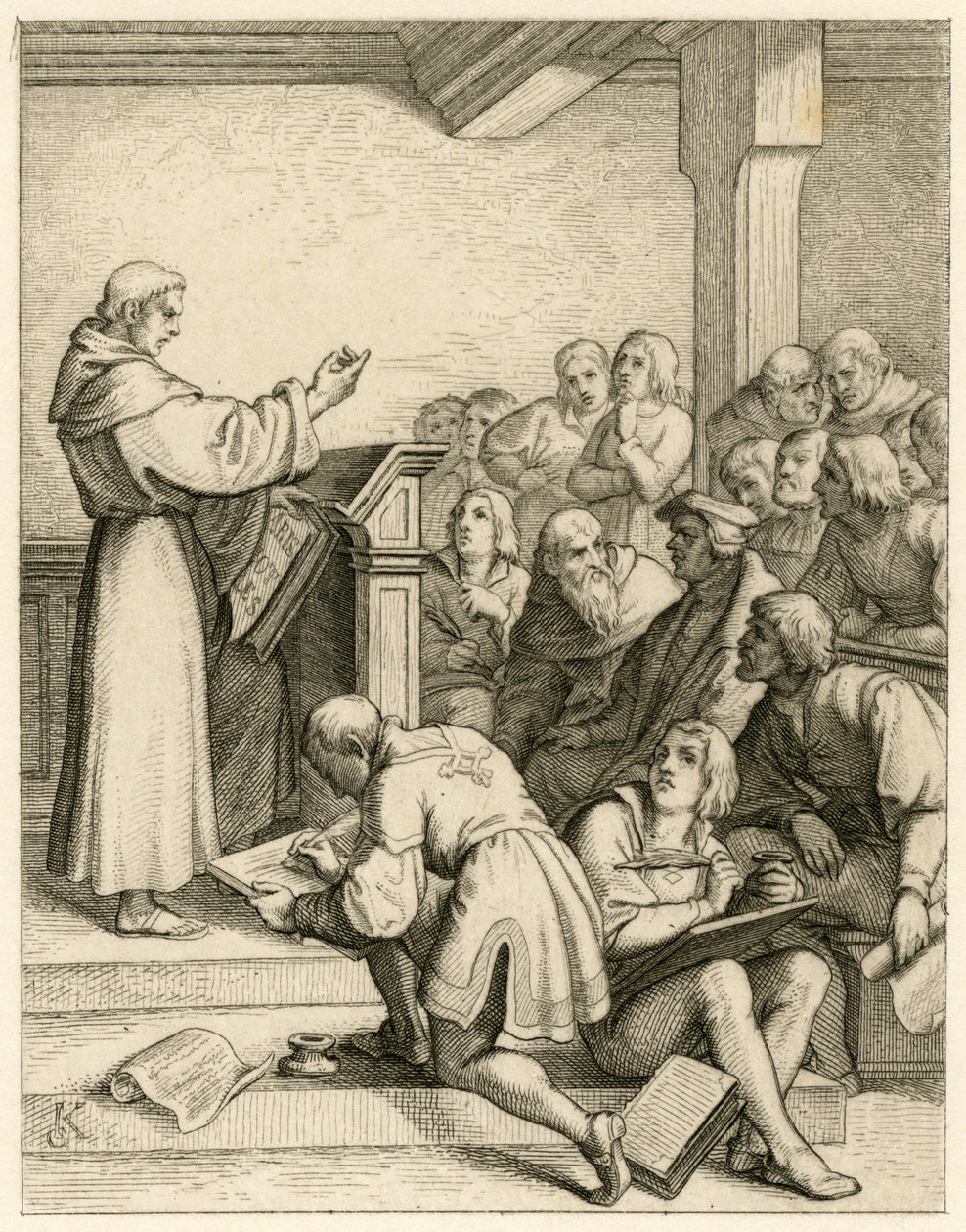 Luther Márton a wittenbergi egyetemen tart előadásokat, előtte Dr. Pollich rektorhelyettes és apai barátja, Johann von Staupitz (1460-1524) alkotó: Gustav Ferdinand Leopold Konig