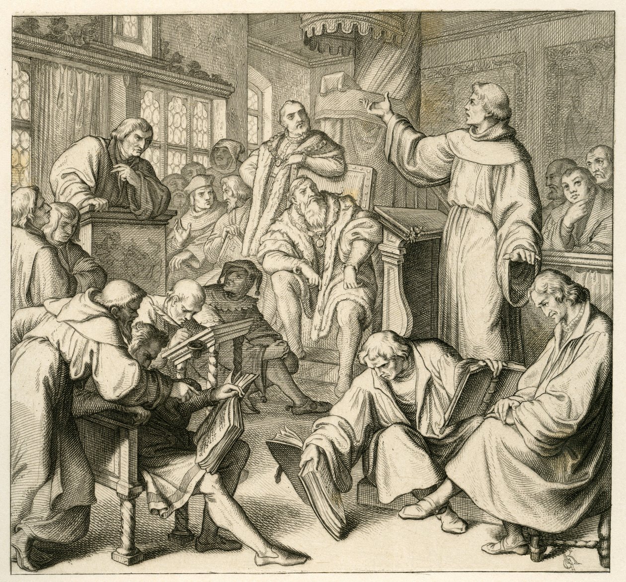 Luther Márton megbeszélésen dr. Johannes Eck (Johann Maier von Eck) (1486-1543), Luther oldalán Philipp Melanchthon (1497-1560) és Karlstadt (Andreas Rudolf Bodenstein von Karlstadt) alkotó: Gustav Ferdinand Leopold Konig