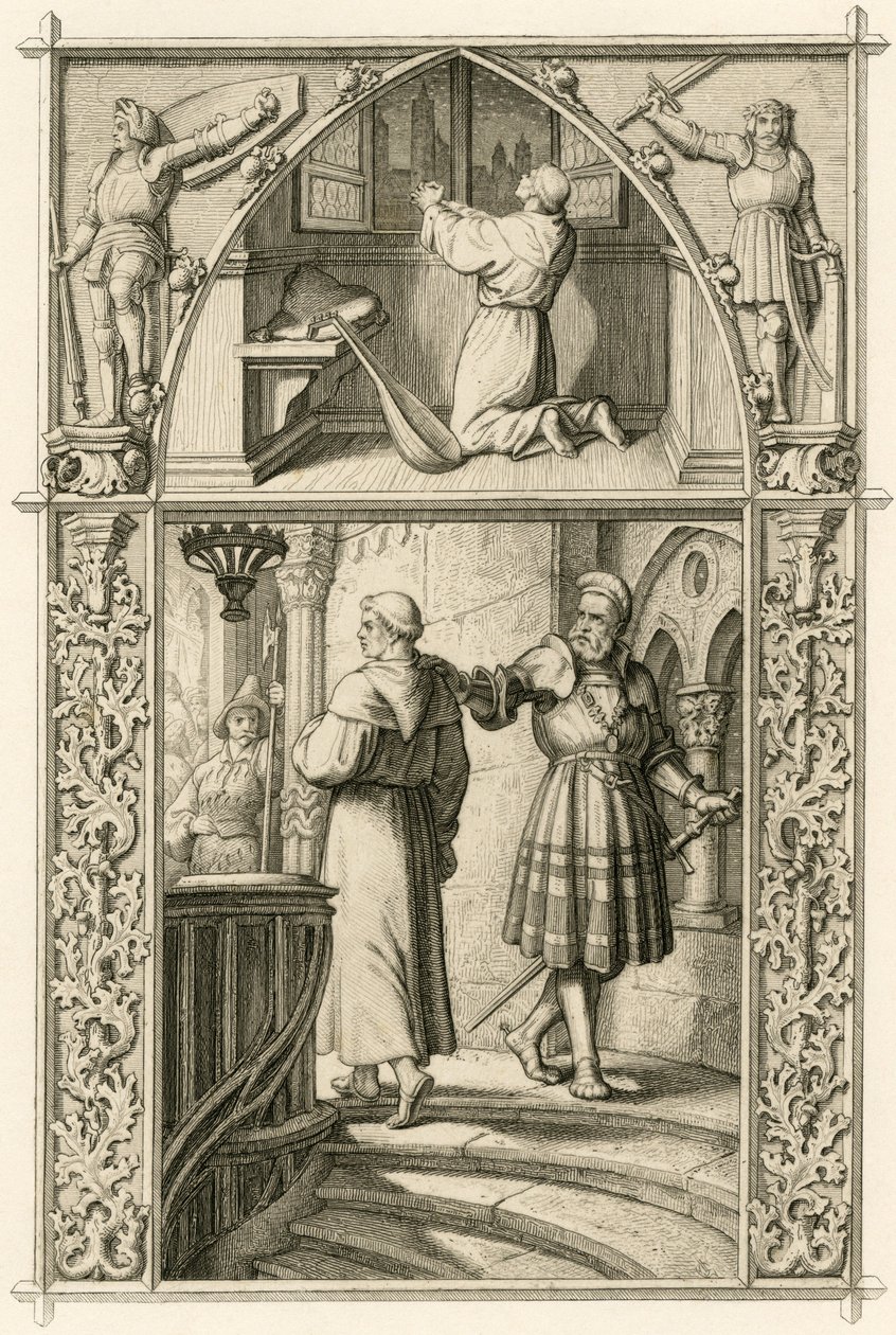 Luther Márton imával készül a császárral való találkozásra (fenti kép); főkép : Luther találkozik George (Georg) von Frundsberg lovaggal (Jorg von Fronsberg, Freundsbergin alkotó: Gustav Ferdinand Leopold Konig