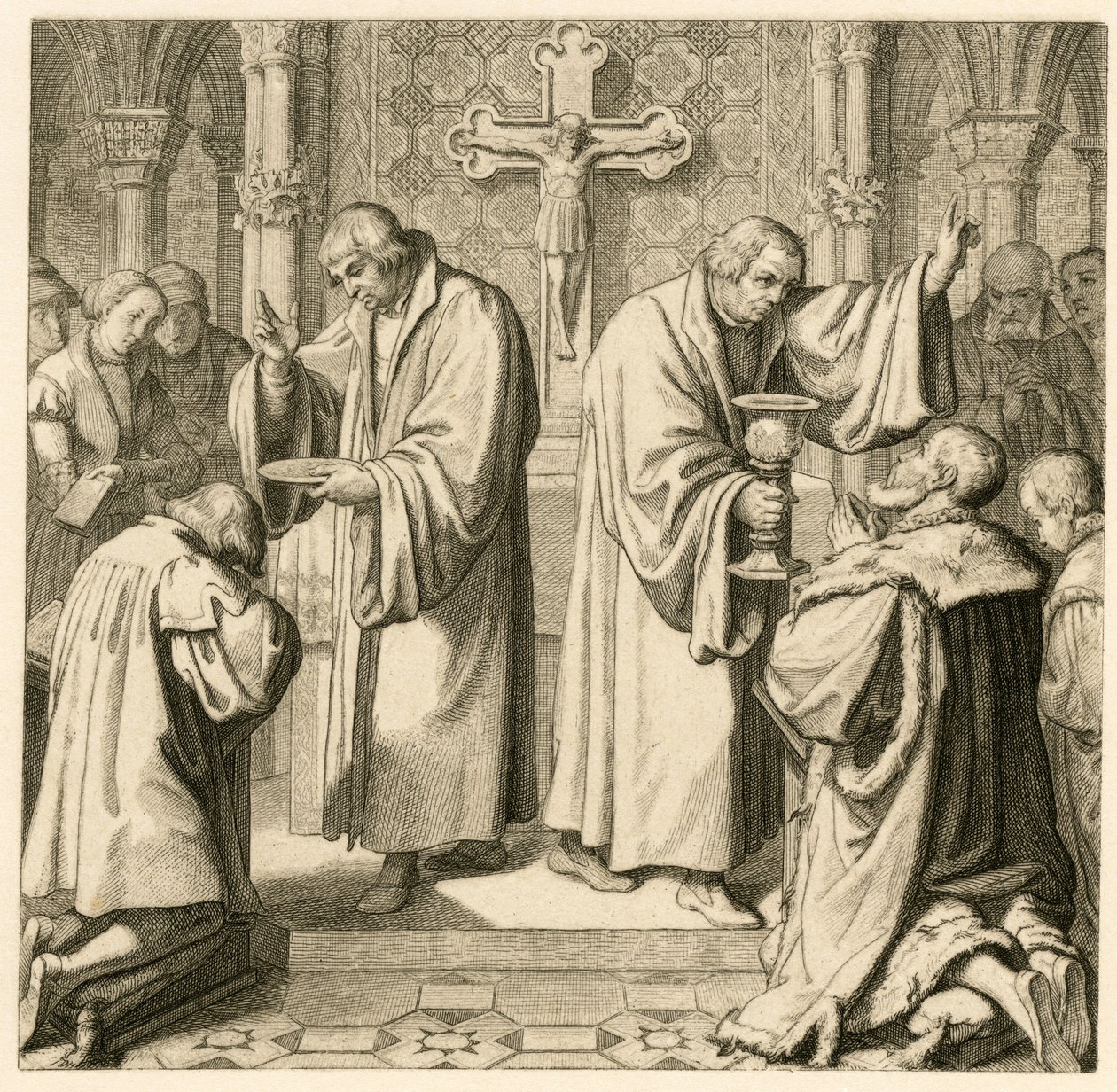 A szentáldozást Luther Johann Friedrich választófejedelemnek (Jean Frederic I de Saxe) adja alkotó: Gustav Ferdinand Leopold Konig