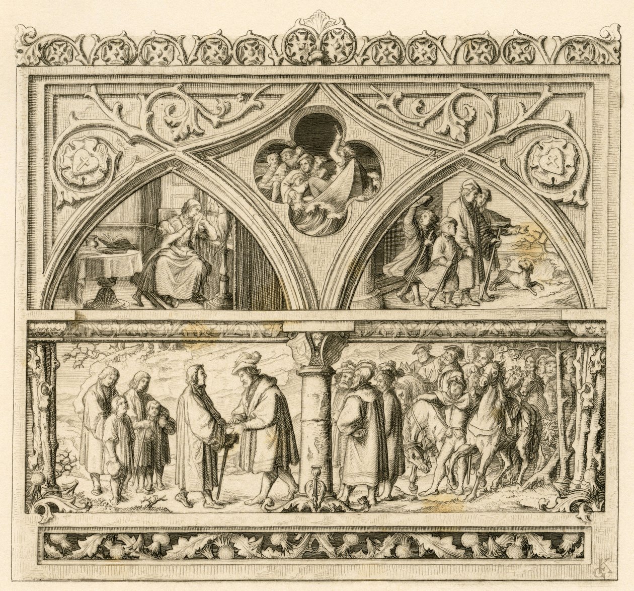 Luther Márton útja Mansfeld grófhoz (Mansfeld-Vorderort VI. Hoyer (1477-1540) ; kép balra fent: a szomorú Katharina , középen : a dühöngő Saale folyó , jobbra : Luther fiaival együtt Kép lefelé : Luther és gróf alkotó: Gustav Ferdinand Leopold Konig
