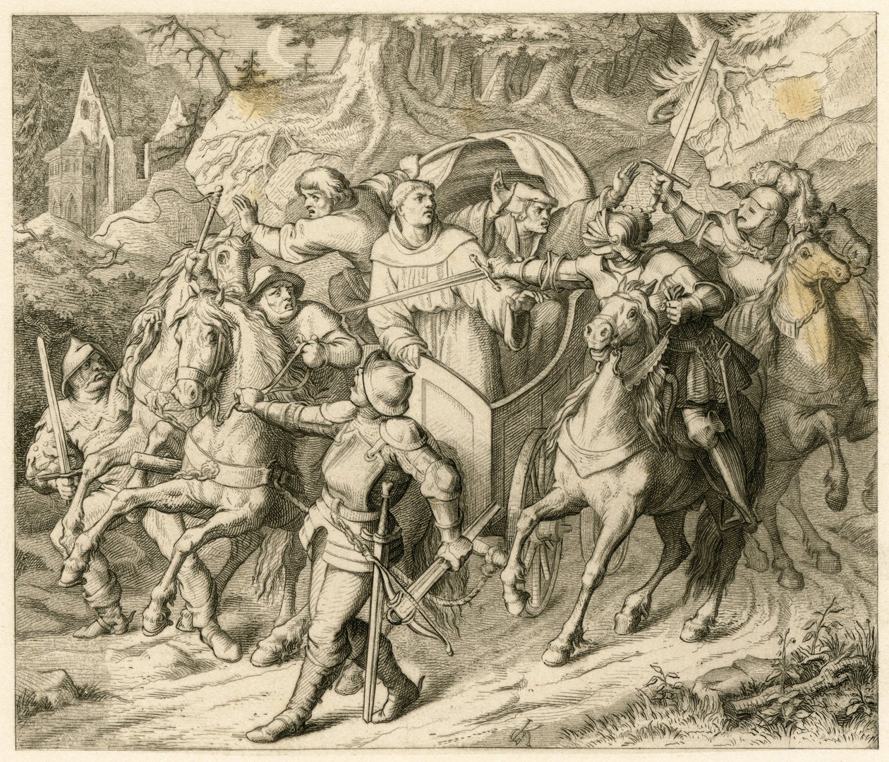 Hauptmann von Berlepsch és Burkhard Hund Luther Márton elrablása hazatérő útján - 1521-ben, mert ott volt a pápa kiközösítési bullája és a császár törvényen kívüli tiltása. alkotó: Gustav Ferdinand Leopold Konig