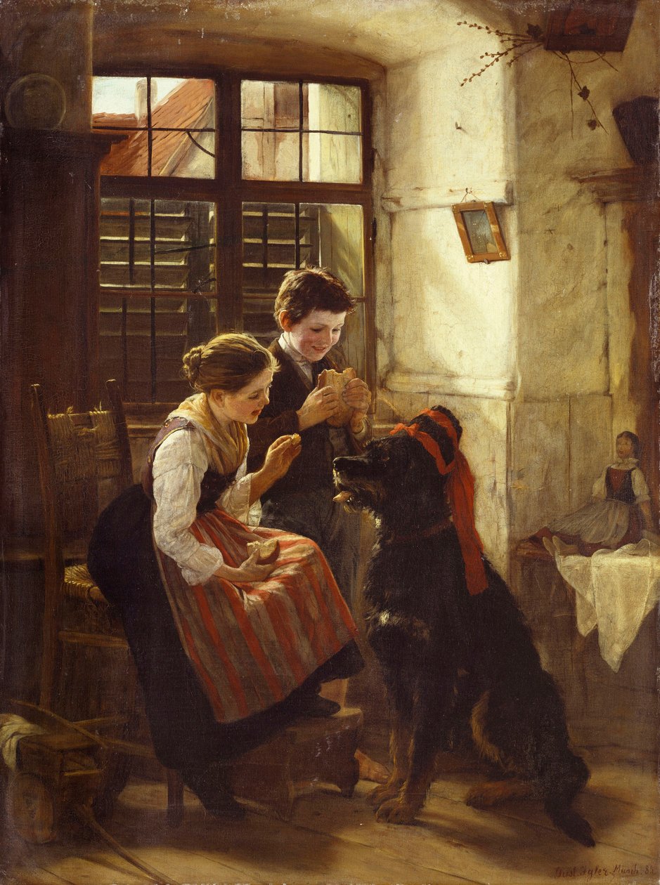 A beteg háziállat. Két gyerek kalapot húzott a kutyájára (egy háziállatra), és kenyeret ad neki enni. Gustav Igler (1842-1908) festménye. alkotó: Gustav Igler