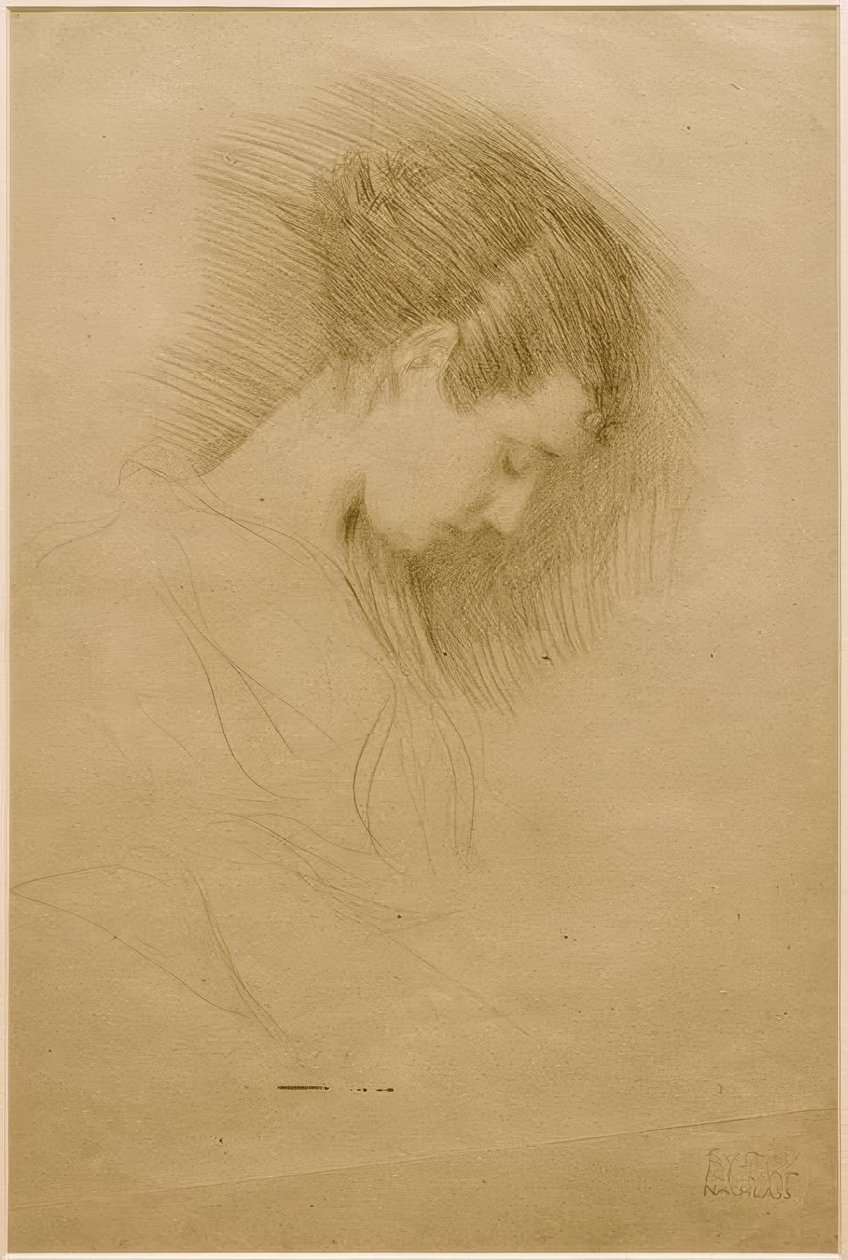 Félhosszú portré egy lányról, lehajtott fejjel jobbra fordítva alkotó: Gustav Klimt