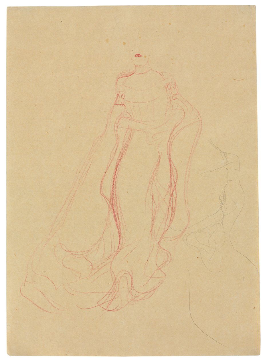 Jelmeztanulmány összekulcsolt kézzel, a jobb oldal ismétlése, 1903-04 körül (színes viaszkréta és ceruza, buff papírra) alkotó: Gustav Klimt