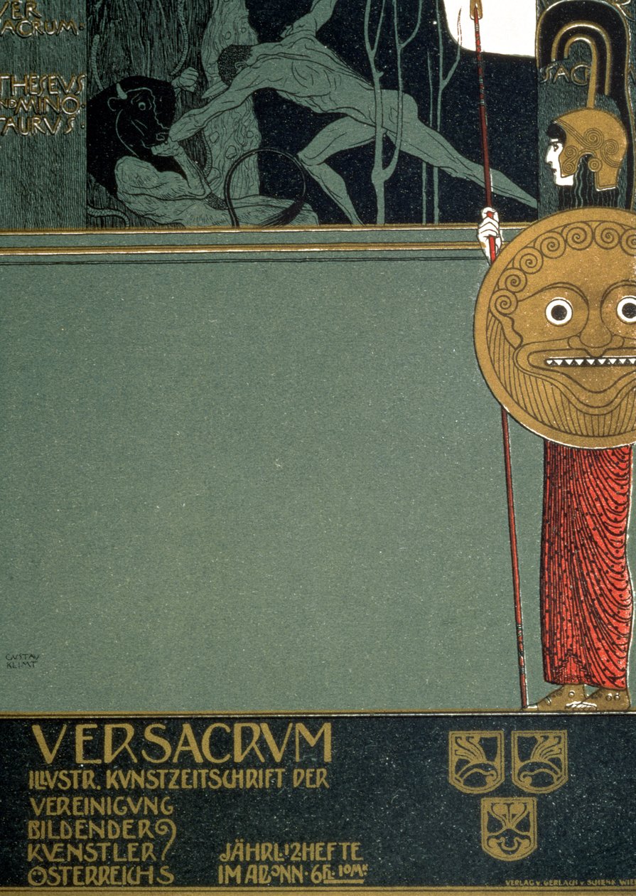 A „Ver Sacrum”, a bécsi szecesszió folyóiratának borítója, amely Thészeuszt és Minotauruszt ábrázolja az első bécsi szecessziós kiállítás idején, 1898-ban (litográfia) alkotó: Gustav Klimt