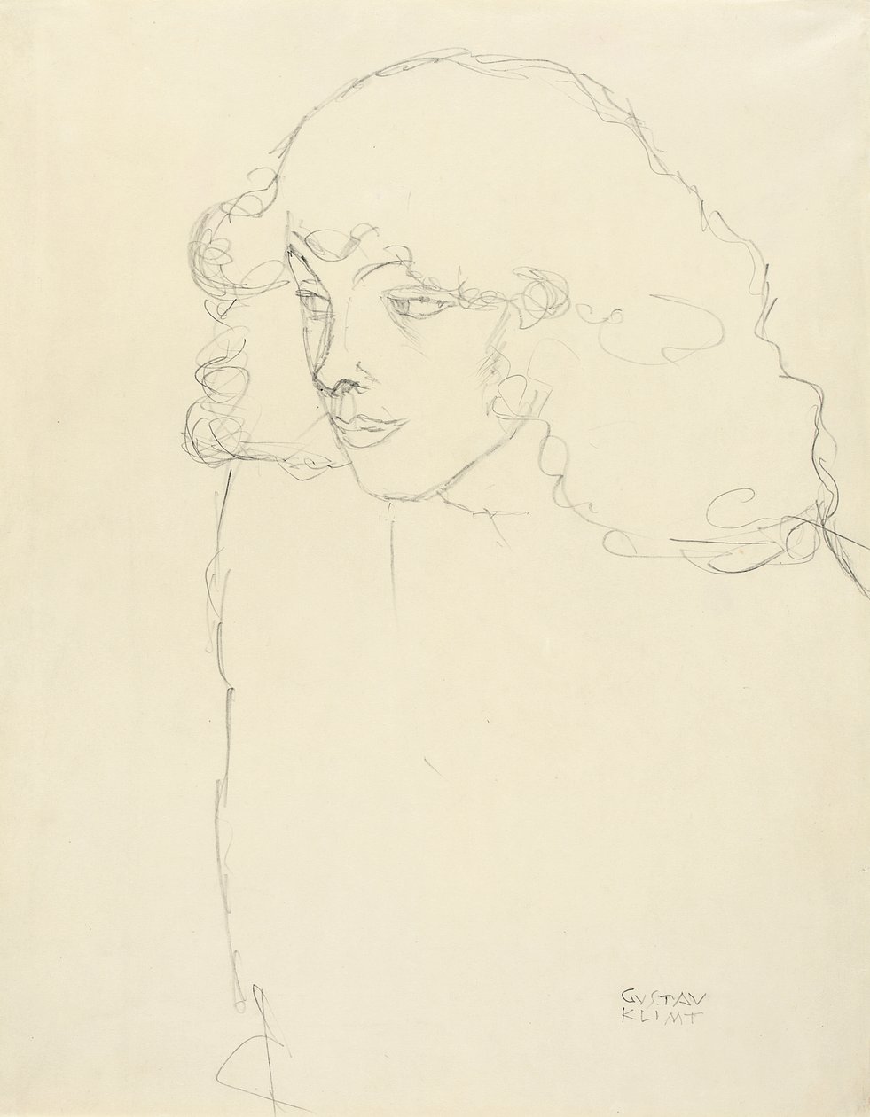 Félhosszú portré egy lány háromnegyedes profilban balról alkotó: Gustav Klimt