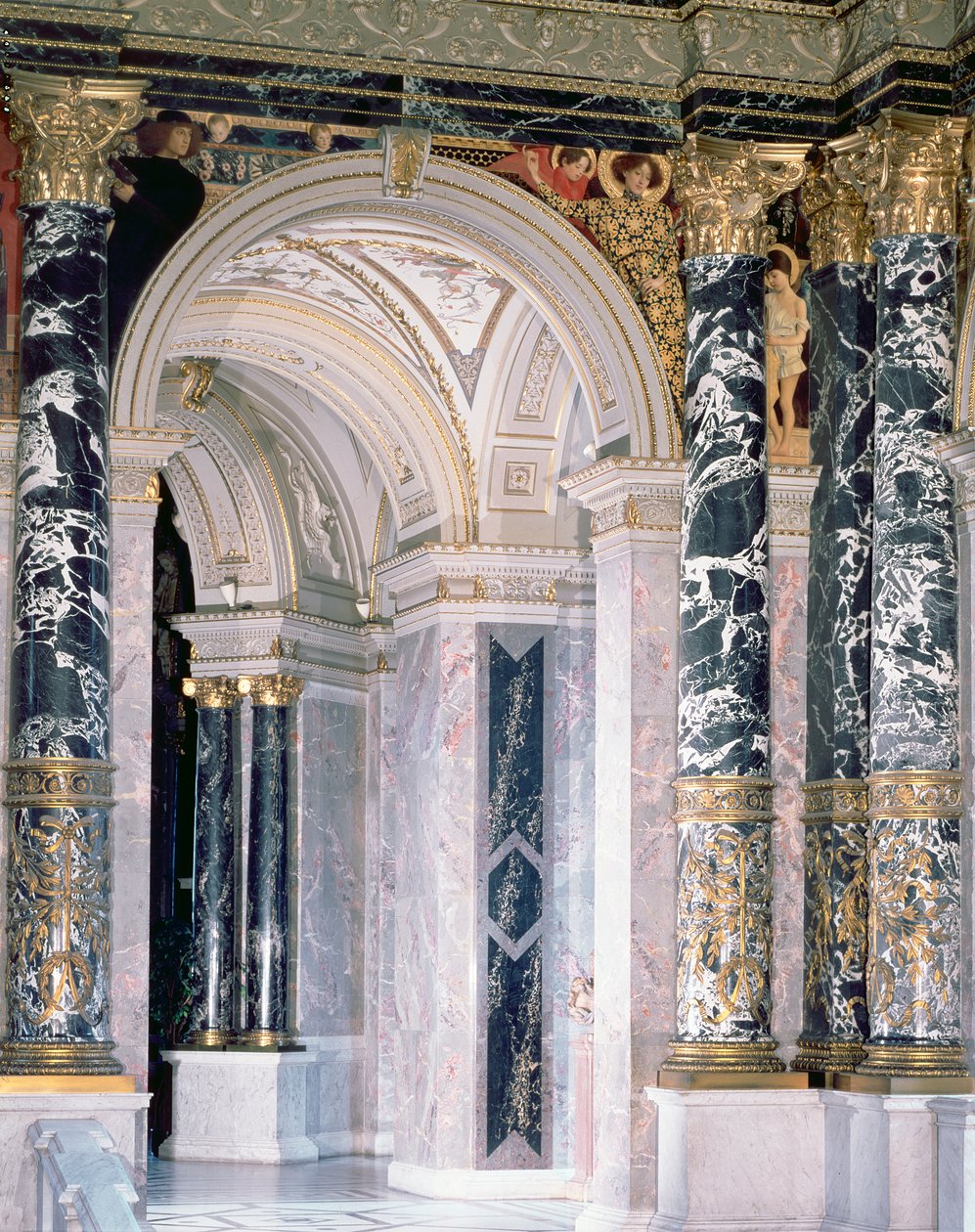 A bécsi Kunsthistorisches Museum belseje, boltívet ábrázoló részlet és az olasz reneszánsz figuráinak spandrel díszítése, 189091 (falfestmény) alkotó: Gustav Klimt