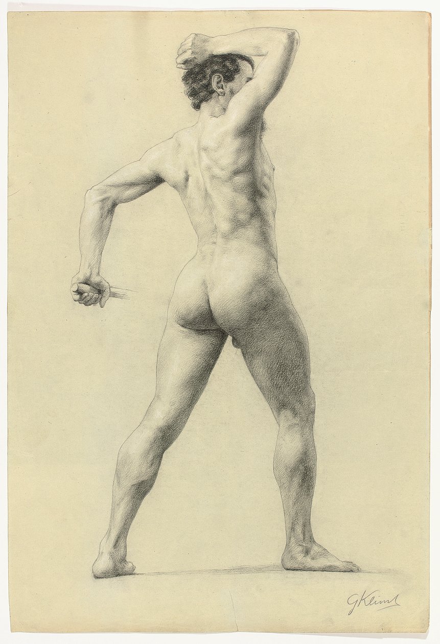 Férfiakt hátulról, 1880 körül (ceruzával, fehér krétával emelt, papír) alkotó: Gustav Klimt