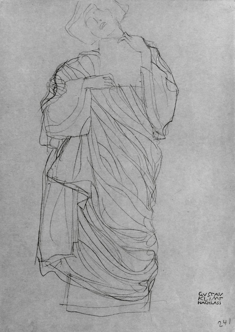 Köntösben álló nő, kezében kártya, (ceruza barna papíron) alkotó: Gustav Klimt