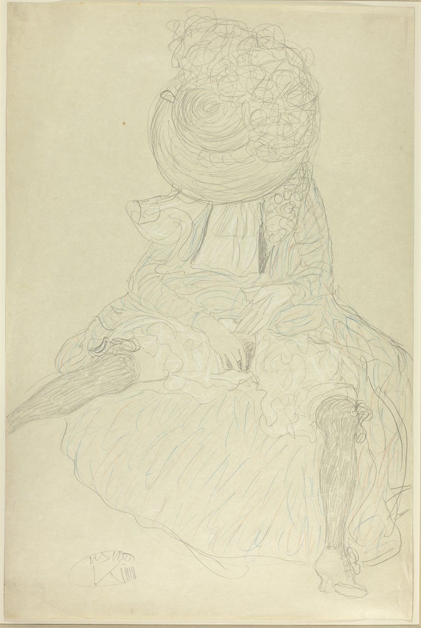 Ülő nő elölről kalappal, kapucnis arccal alkotó: Gustav Klimt