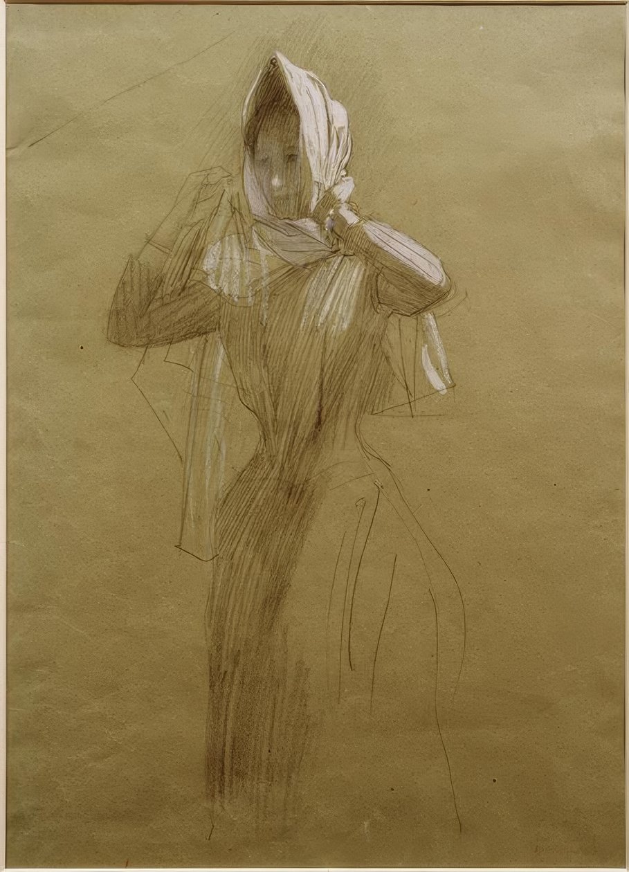 Álló fiatal nő, fejkendőt csomagolva alkotó: Gustav Klimt