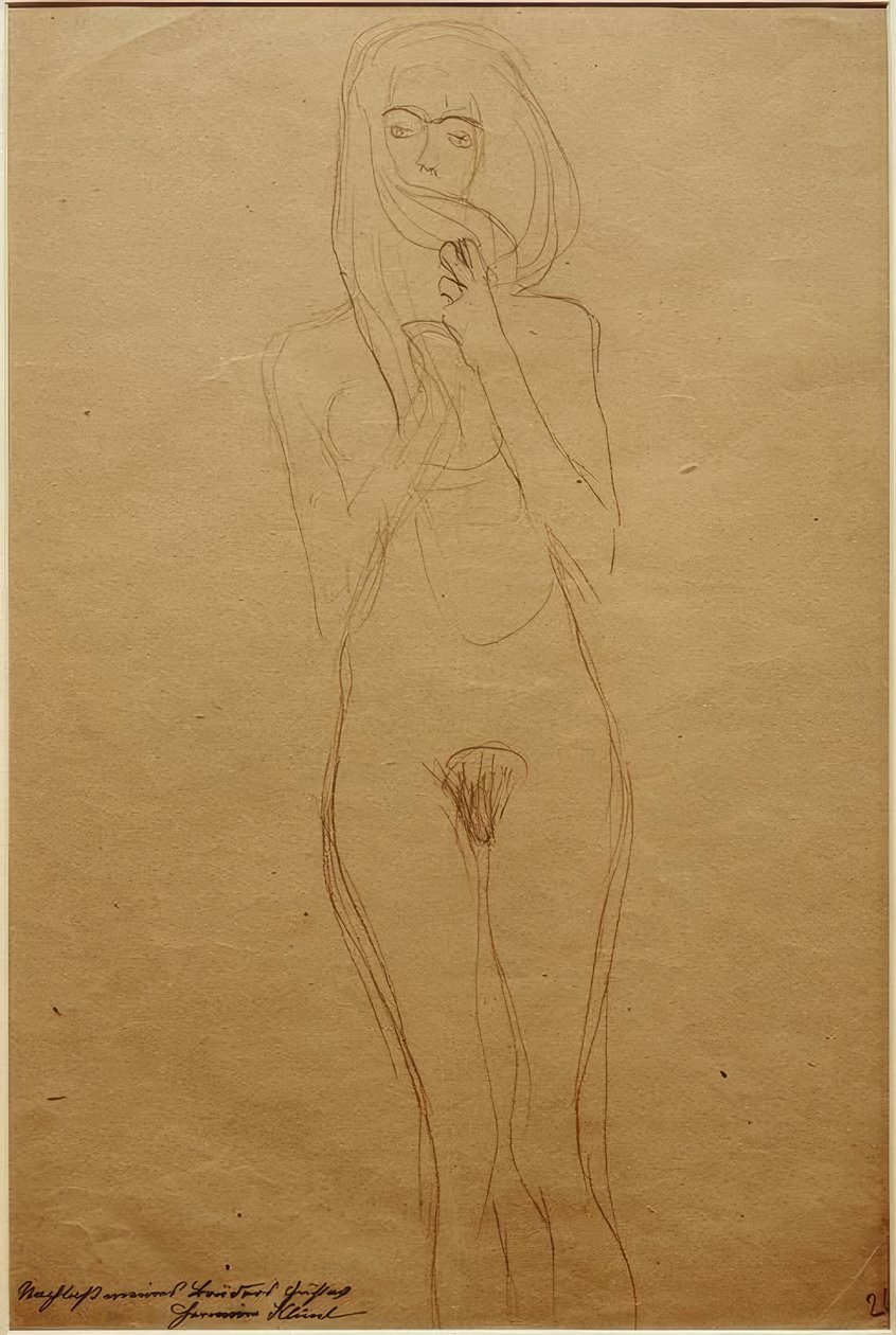 Álló női meztelenül, száját szőr takarja alkotó: Gustav Klimt