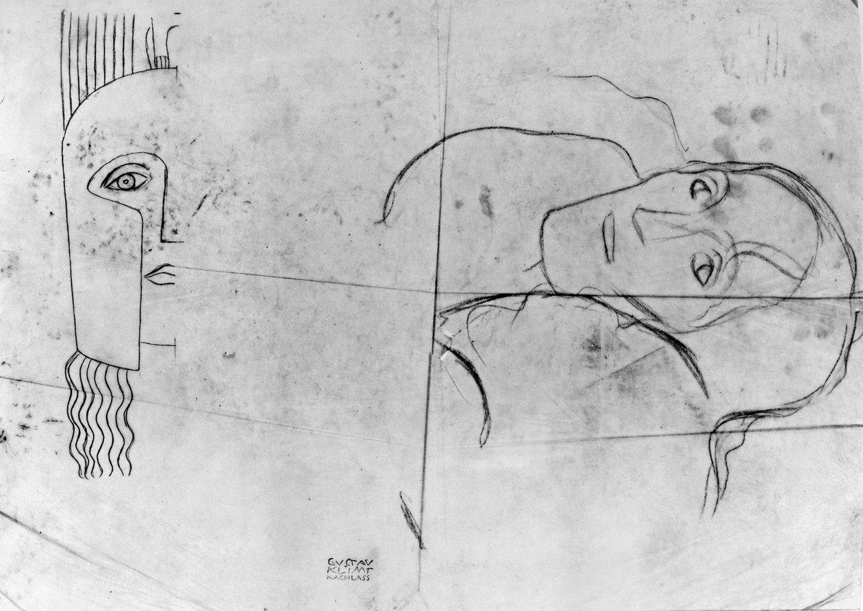 Tanulmányok a Ver Sacrum számára 1900 - Pallas Athéné és egy tragikus fej, 1897-98 (ceruza és kék zsírkréta pauszpapíron) alkotó: Gustav Klimt