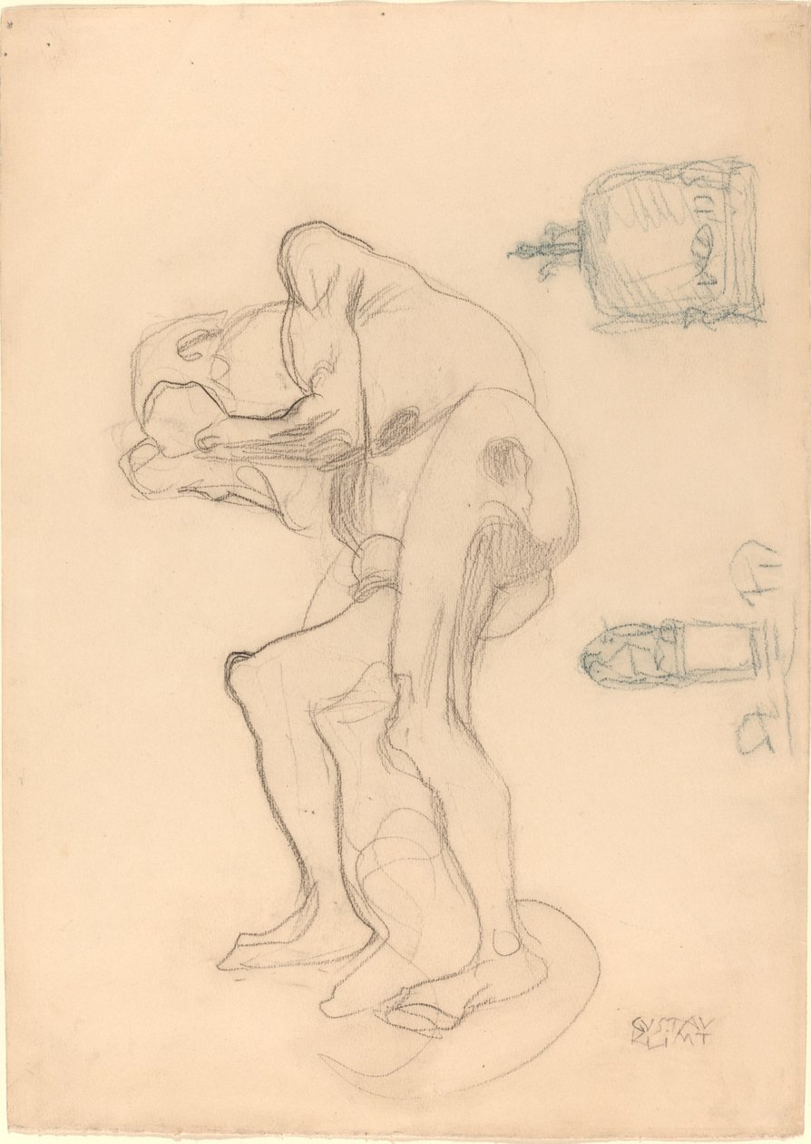 Tanulmány egy meztelen idős nőről, aki ökölbe szorítja a kezét, és két dekorációs tárgyat alkotó: Gustav Klimt