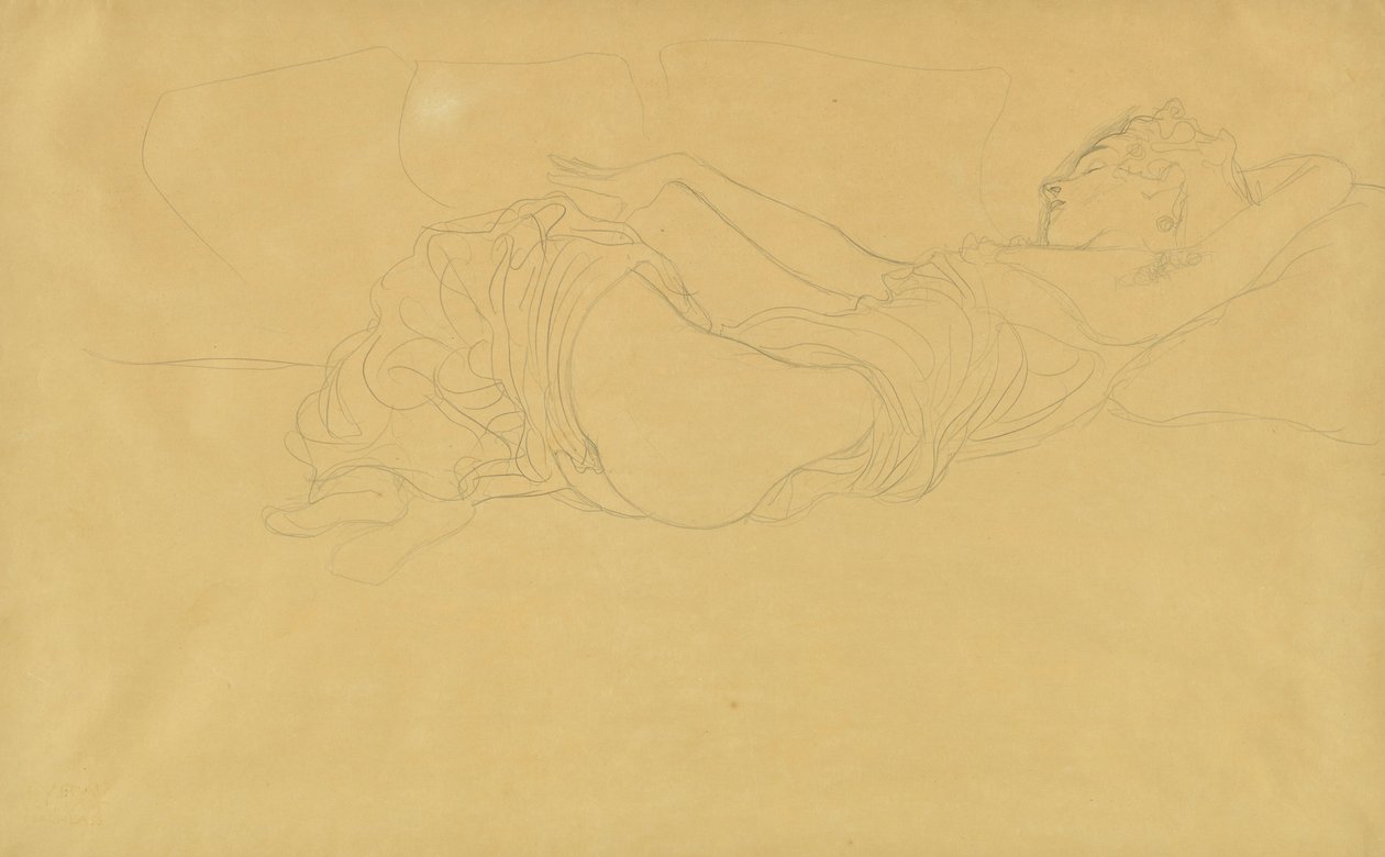 Háton fekvő, részben felöltözött nő alkotó: Gustav Klimt