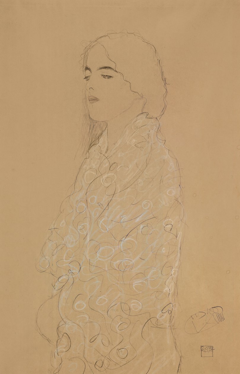 Nő fehér kendővel (ceruza fehér és piros színű krétával papíron) alkotó: Gustav Klimt