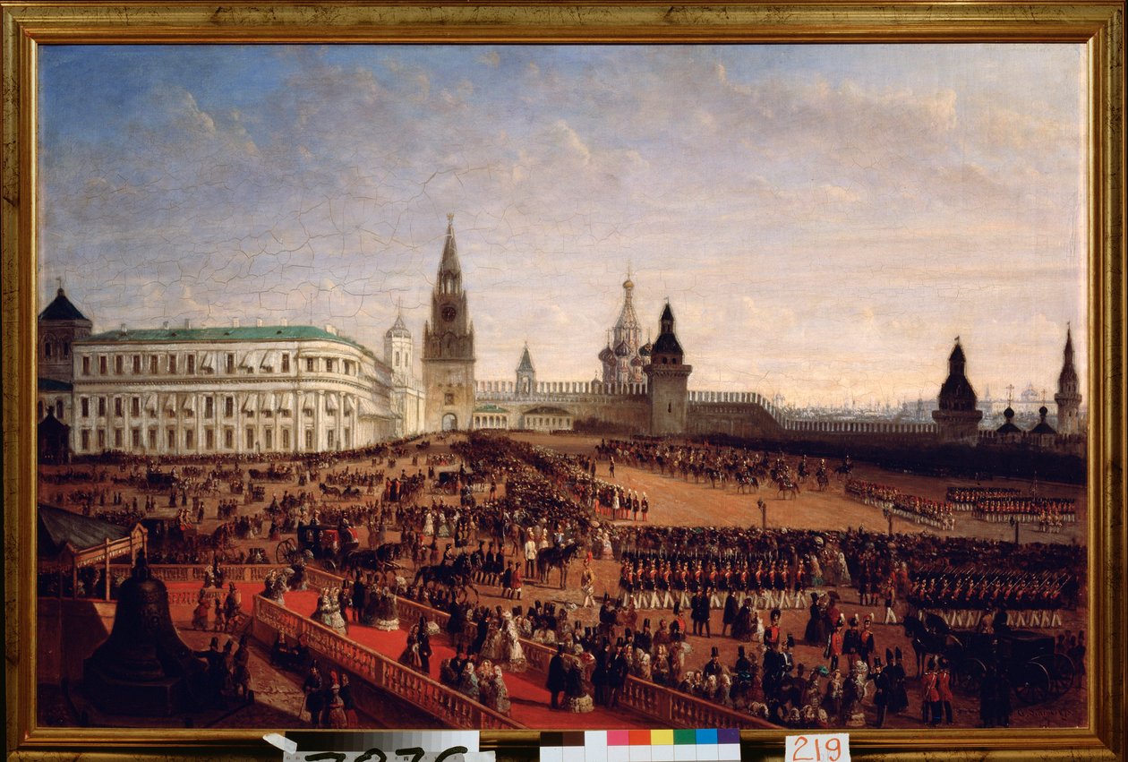 Katonai felvonulás II. Sándor császár (1818-1881) koronázása idején a moszkvai Kremlben, 1855. február 18. Gustav Schwarz festménye (kb. 1800-1855 után), olaj, vászon alkotó: Gustav Schwarz